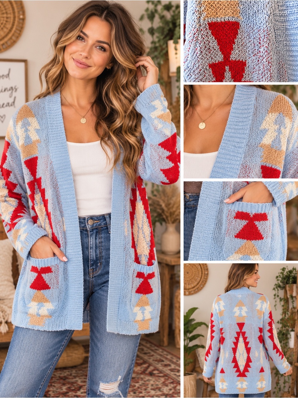 Umgee Sky Blue Aztec Open Cardigan with Red & Cream Accents